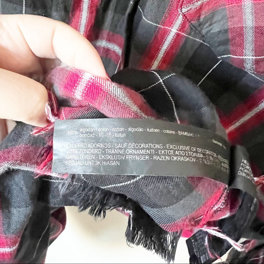 Zara Woman Premium Tartan Plaid Studded Pocket Fray Hem Shirt Dress Red Black XS - Picture 12 of 13